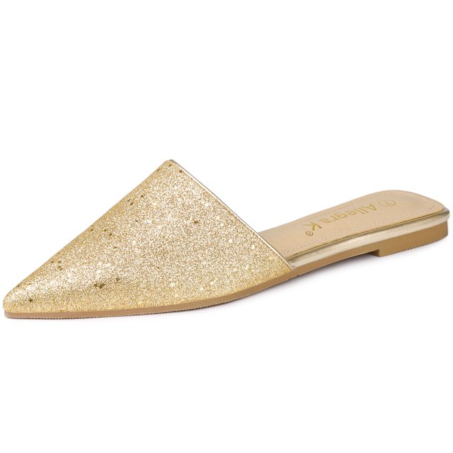 BLISSFUL STEP Women's Glitter Pointed Toe Slide Flats Mules