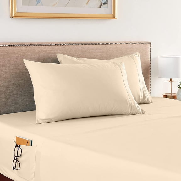 Elegant Comfort 1500 Series 4-Piece Smart Sheet Set with Side Storage Pockets, King, Cream