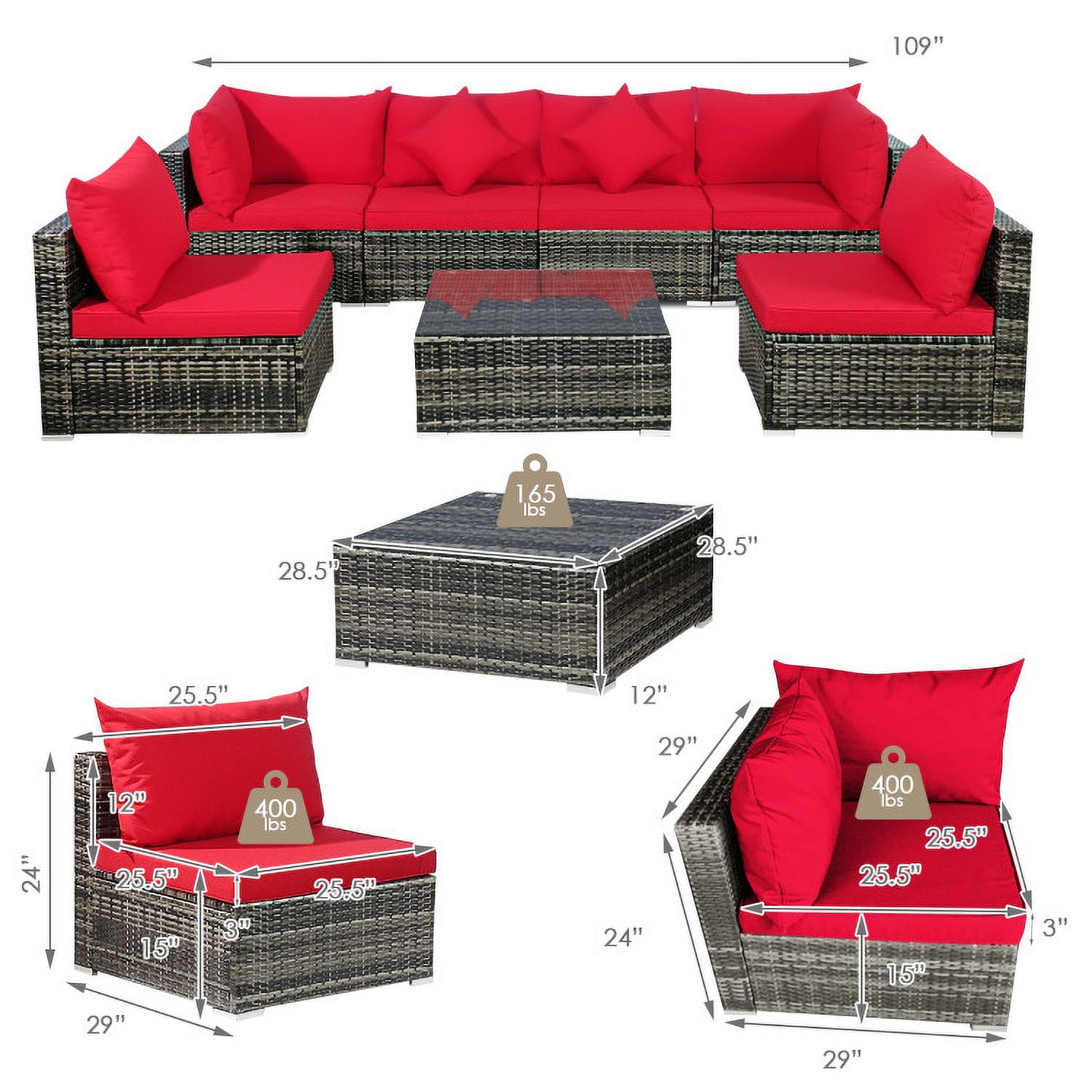 Aimee Lii 7 Pieces Patio Rattan Furniture Set Sectional Sofa Garden Cushion, Outdoor Deck Furniture, Red Aimee Lii 7 Pieces Patio Rattan Furniture Set Sectional Sofa Garden Cushion, Outdoor Deck Furniture, Red