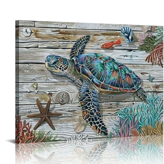 COMIO Sea Turtle Bathroom Wall Decor: Teal Coral Canvas Wall Art Sea Turtle Painting Gifts for Turtle Lovers Women Bedroom Office Home Decorations Rustic Swimming Turtle Picture Print Framed