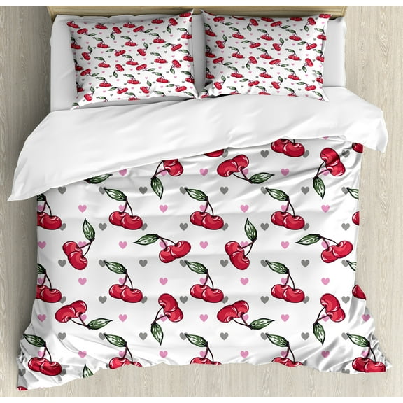 Cherry Duvet Cover Set, Repetitive Cartoon Style Fruits on a Background of Romantic Hearts, Decorative 3 Piece Bedding Set with 2 Pillow Shams, King Size, Dark Pink and Reseda Green, by Ambesonne