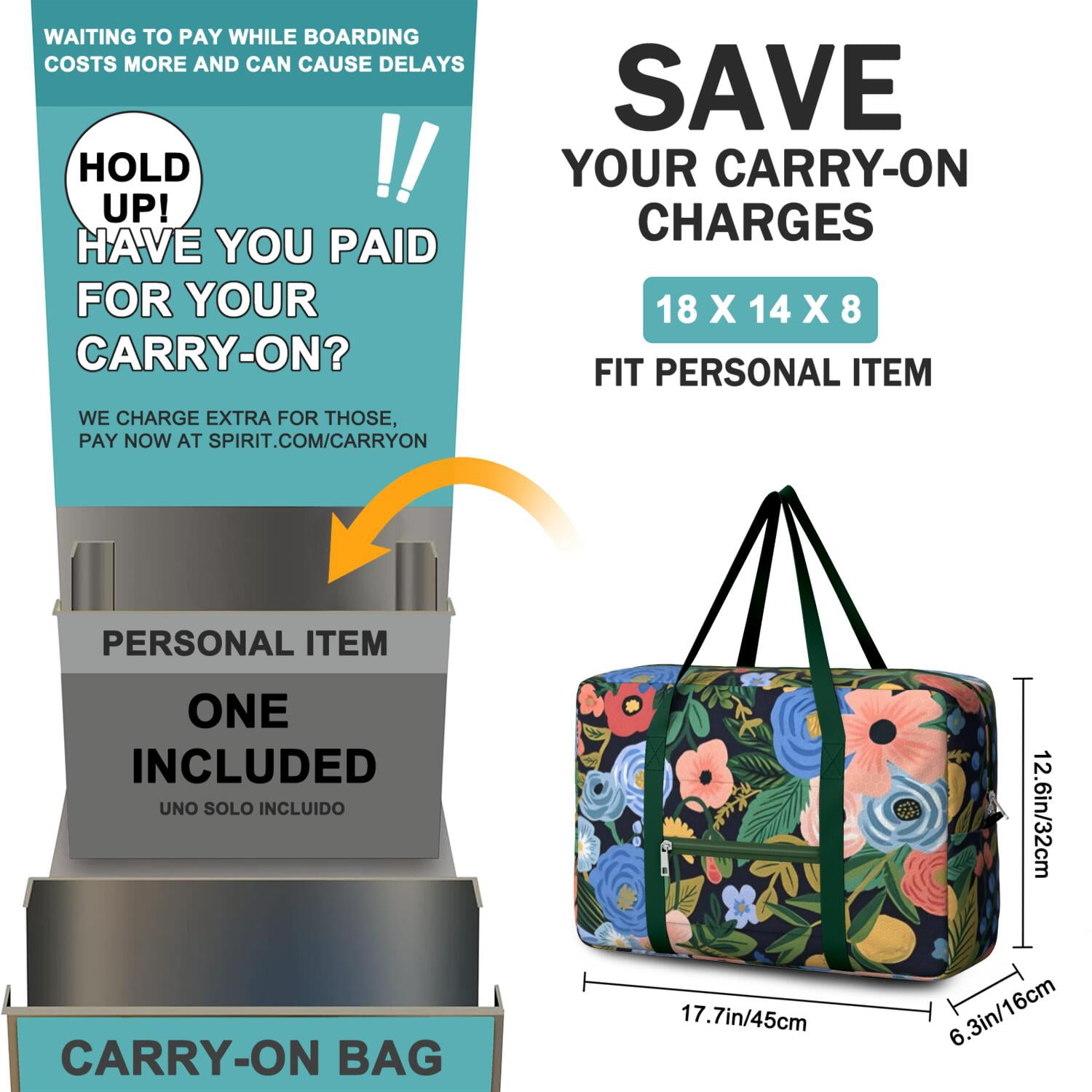 For Spirit Airlines Personal Item Bag 18x14x8 Inch, Floral Weekender Travel Bag, Foldable Travel Duffel Bag Underseat Carry on Bag with Luggage Sleeve for Women and Men 30L