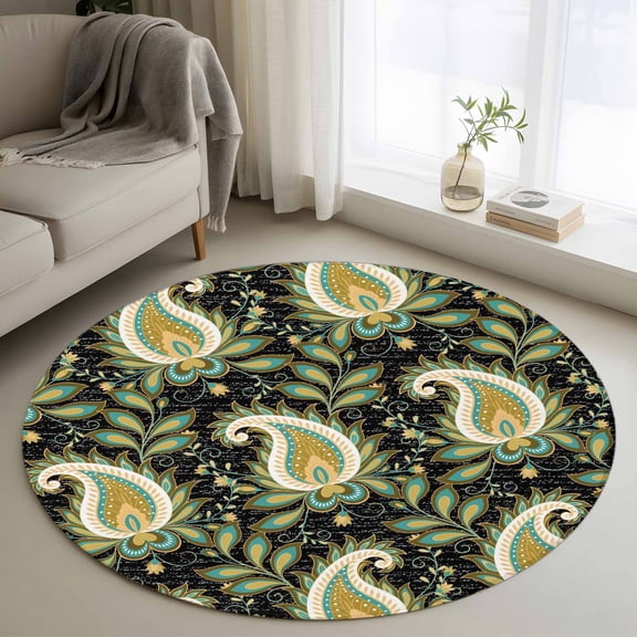 Round Area Rug 3.3 Ft, Black Teal Boho Botanical Washable Non-Slip Circle Carpet for Living Room/Bedroom, Southwestern Retro Ethnic Tribal Low-Profile Small Kitchen Mats Collection Rugs for Indoor