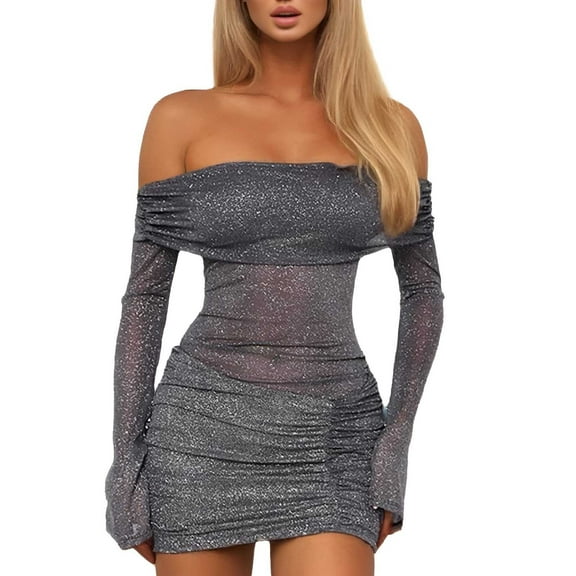 Afdoent Dresses for Women Ladies Sexy Elegant Off The Shoulder Mesh Long Sleeve Ruched Bodycon Party Mini Dresses 2025 Beach Vacation