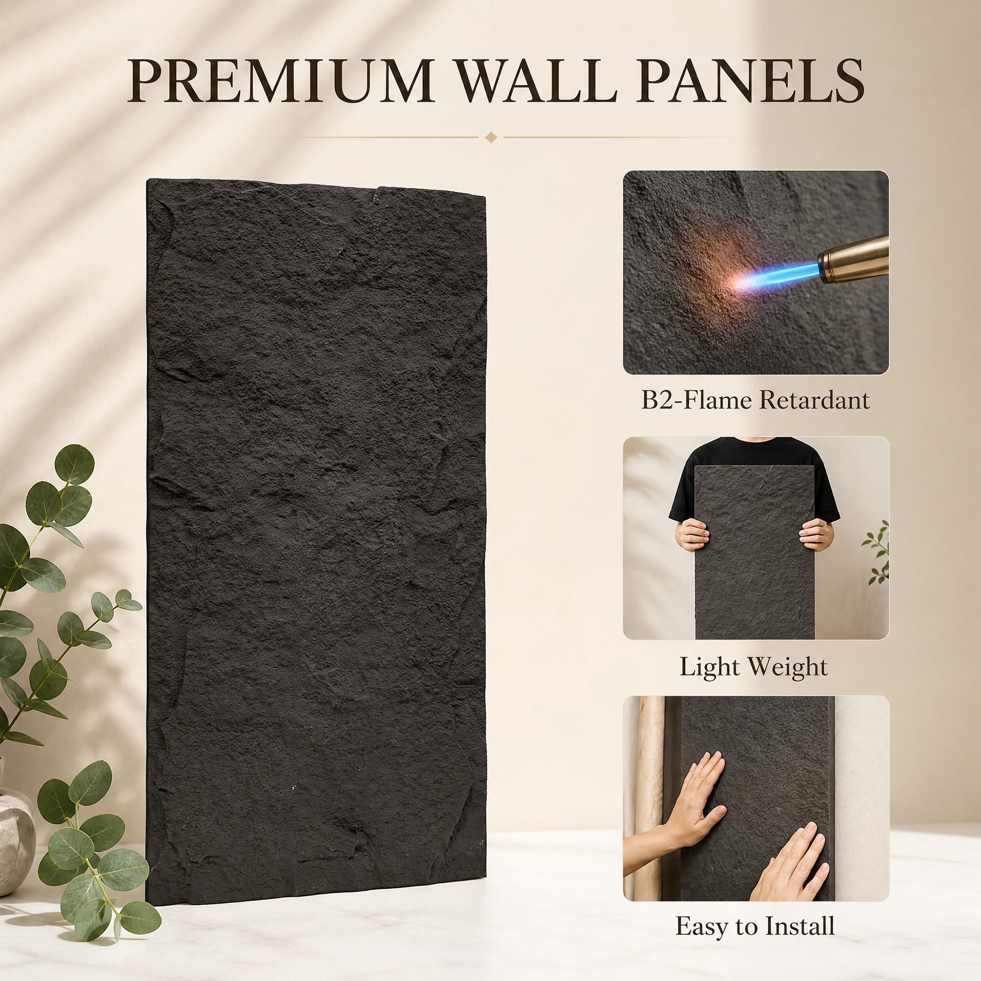 Mirrasia 4PCS 48"x 24" 3D Wall Decor Wall Panels Faux Stone Siding, Carbon Black