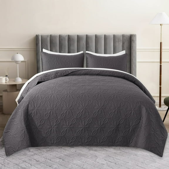 JML Quilt Set Queen Size Lightweight Bedspread, Soft Summer Quilt Bedding Set Coverlet for All Seasons with 3 Piece (1 Quilt, 2 Pillow Shams), Dark Gray