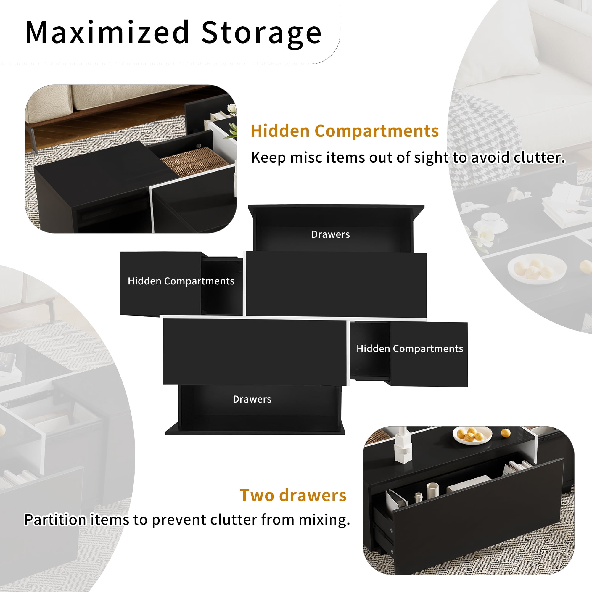 Extendable Coffee Table with 2 Hidden Storage Space and 2 Drawers,Modern Multi-Functional Coffee Table with High-Gloss Finish for Living Room,Black