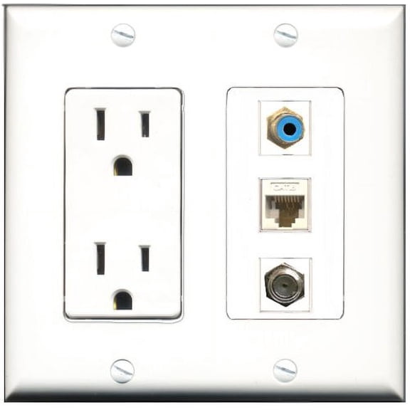 RiteAV - 15 Amp Power Outlet 1 Port RCA Blue 1 Port Coax 1 Port Cat6 Ethernet Ethernet White Decorative Wall Plate