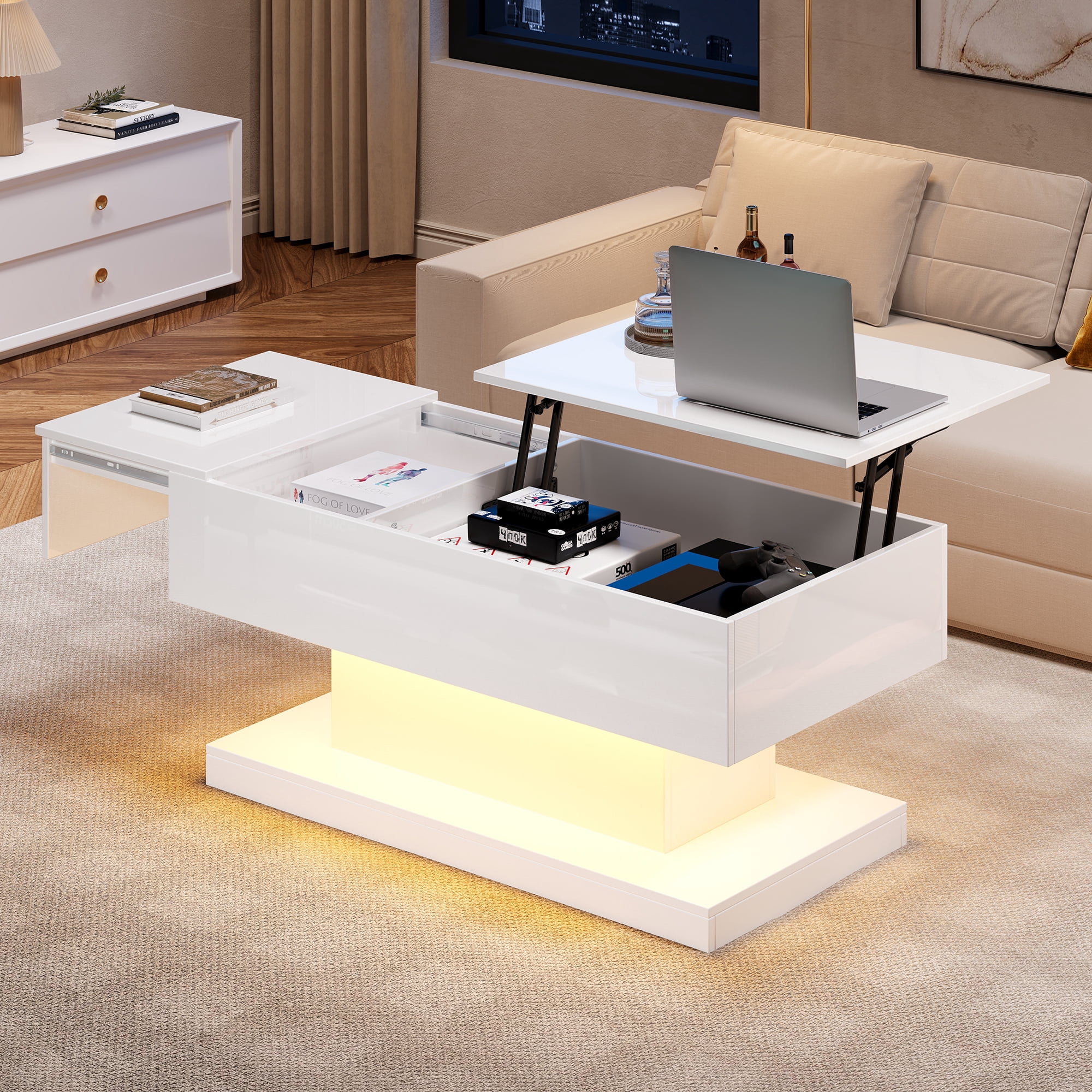 Table basse relevable Noble House, laquée brillante, éclairage DEL, plateau coulissant extensible et mécanisme de levage, blanche