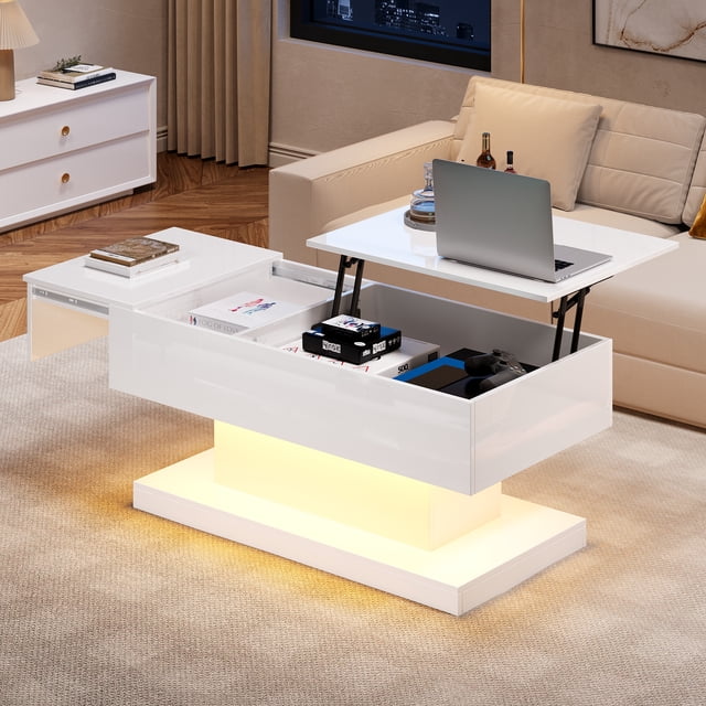 Noble House Lift-Top Coffee Table,High-Gloss LED Lit with Sliding Extendable Desktop & Lifting Mechanism,White