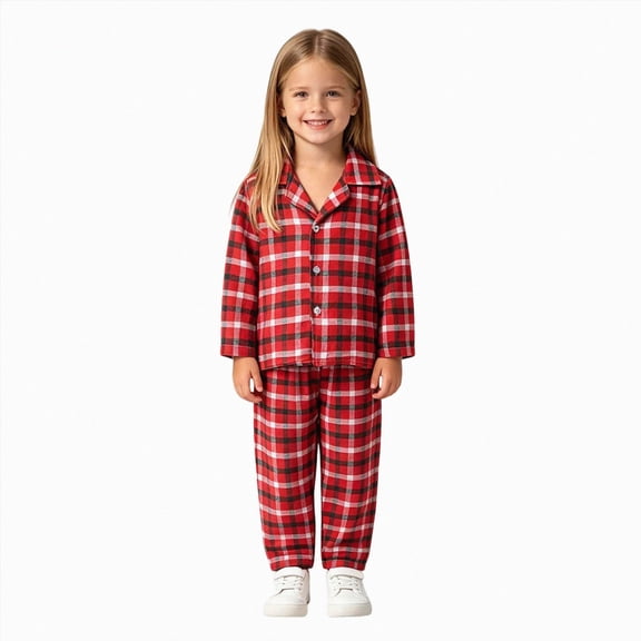NOLDARES Toddler Girl Christmas Pajamas Santa Plaid Long Sleeves Shirt Pajama Pants Set Kids Cotton Nightgown Outfits(K009-Red)