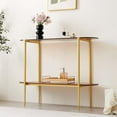 thumbnail image 4 of Rectangle Coffee Table Mid-Century Modern Design L W x H for Living Room - Structure Amber Glass Top and Walnut MDF Shelf Sleek Conical Metal Legs with Gold Finish, 4 of 9
