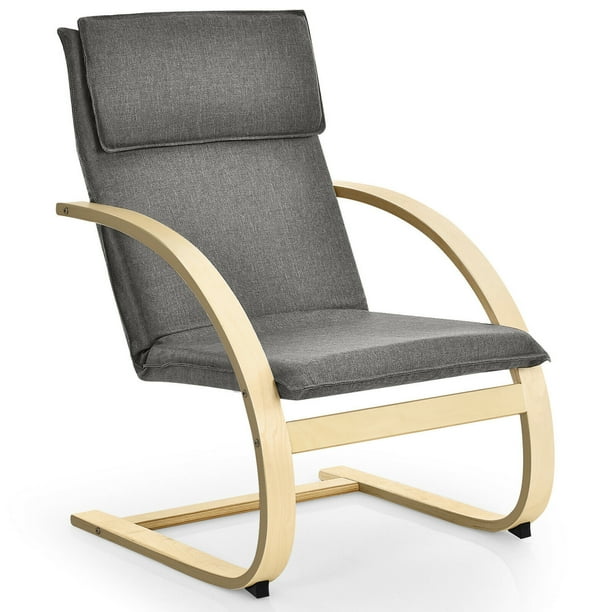 Costway Sillón reclinable de madera, silla moderna con reposabrazos y cojín en símil-lino desmontable, silla reclinable para salón dormitorio balcón, beige/gris