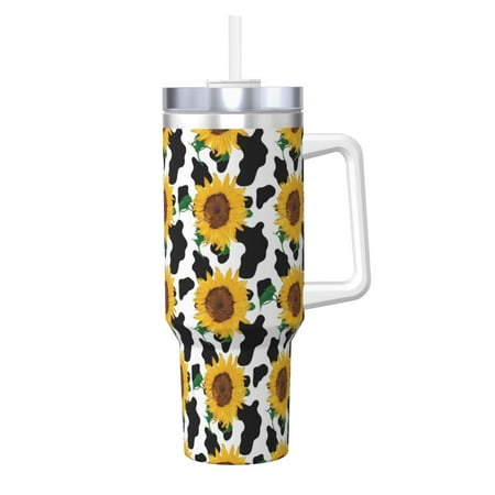 

Cauagu Cute Cow Print Sunflower B Print Stainless Steel Vacuum Insulated Tumbler 40oz Water Bottle with Handle & Flip Straw Reusable Travel Coffee Mug for Women & Men