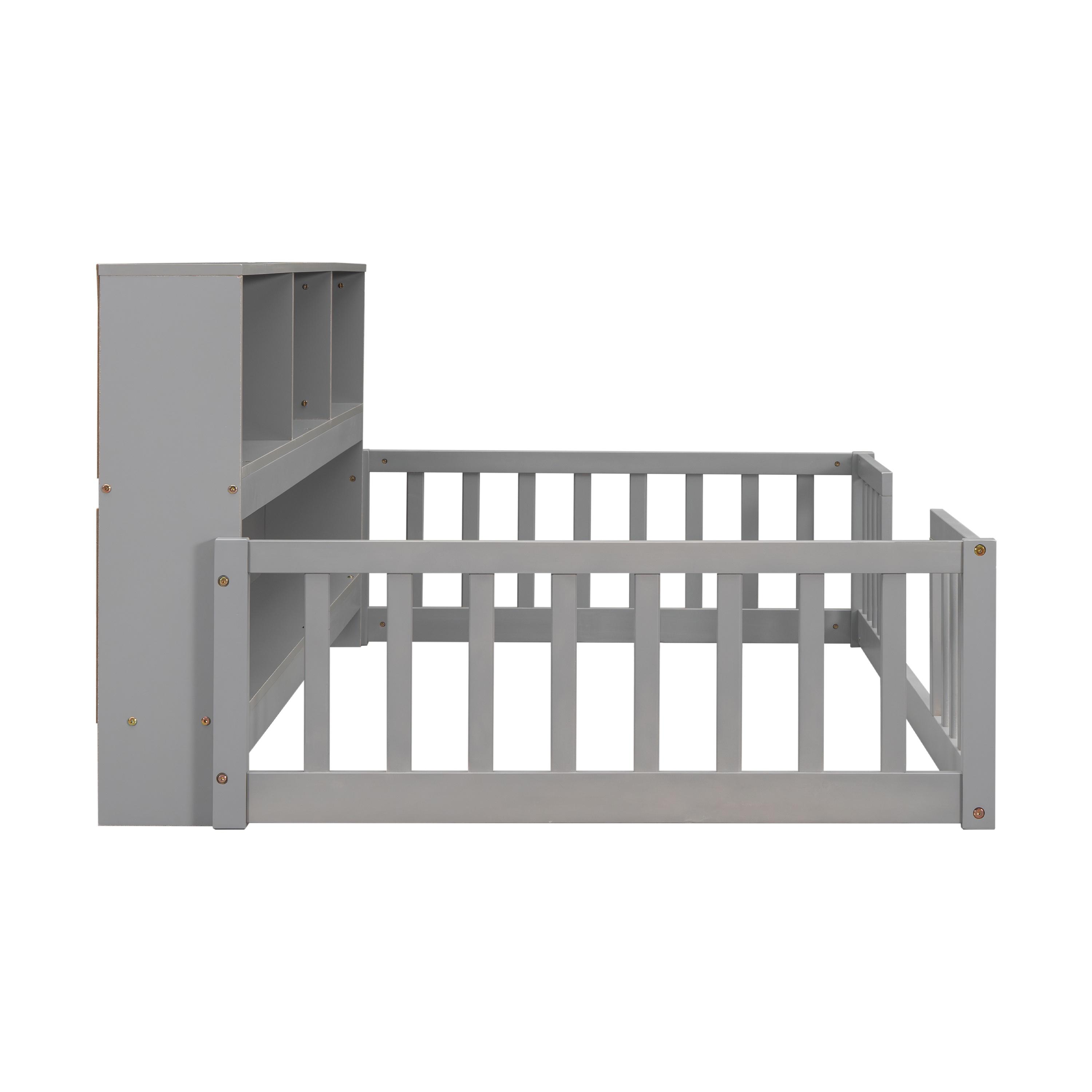 Bellemave Twin Size Floor Bed Frame with Fence and Bookcase Floor Bed Low Montessori Bed Frame with Storage Shelves (Twin, Gray)