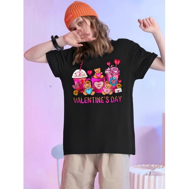 Valentine's Day Print T-shirt, Casual Short Sleeve Crew Neck Top For Spring & Summer, Women's ClothiCamisetas para mujer, lindas camisetas con estampado gráfico, de manga corta, estilo casual, para ve