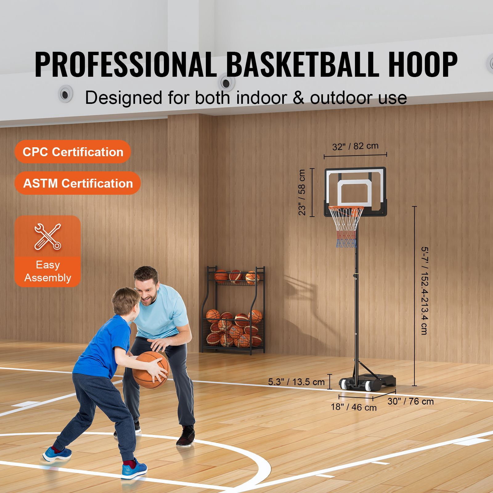 Dranite Adjustable 5-7 Feet Basketball Hoop System with 32" Backboard, Portable Base & Wheels for Indoor/Outdoor Use