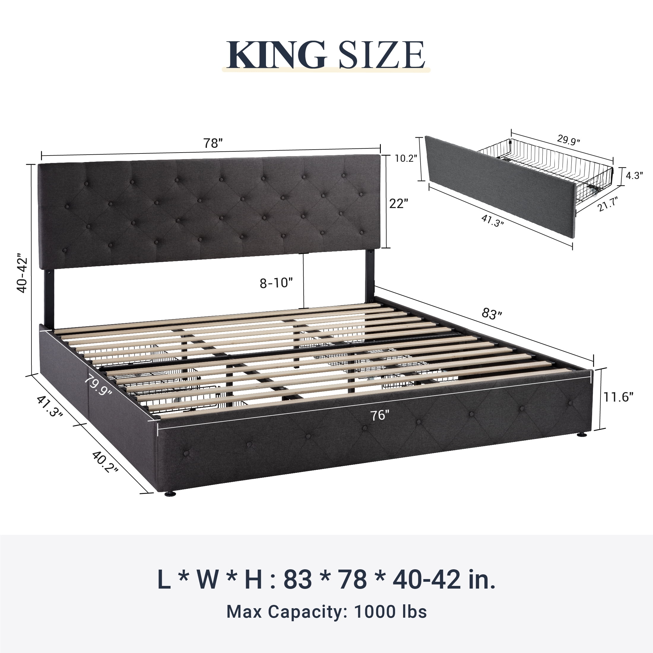 Sifurni King Size Upholstered Platform Bed Frame with 4 Drawers Storage and Diamond Stitched Button Tufted Headboard, Dark Grey