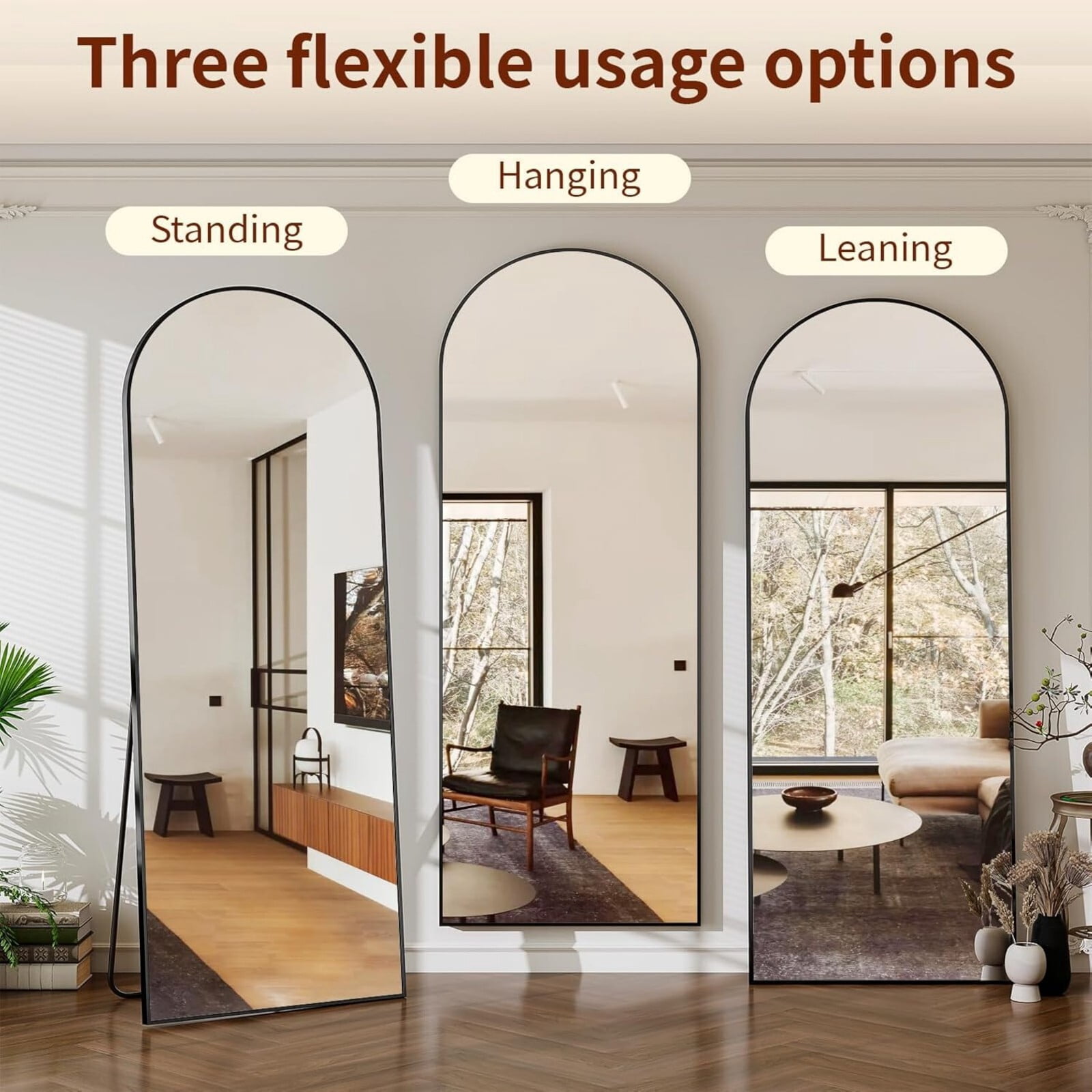 Lumora 24"x65" Full Length Arched Aluminum Alloy Standing Floor Mirror, Black