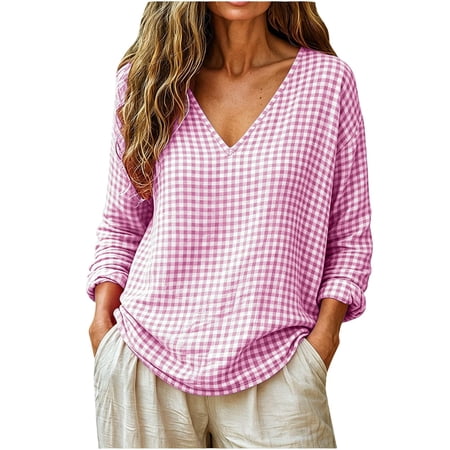 ctdiral Womens Plaid Long Sleeve Blouse V Neck Loose Fit Shirt Comfy Lightweight Pullover Fall Lounge Daily Wear Pink XXL