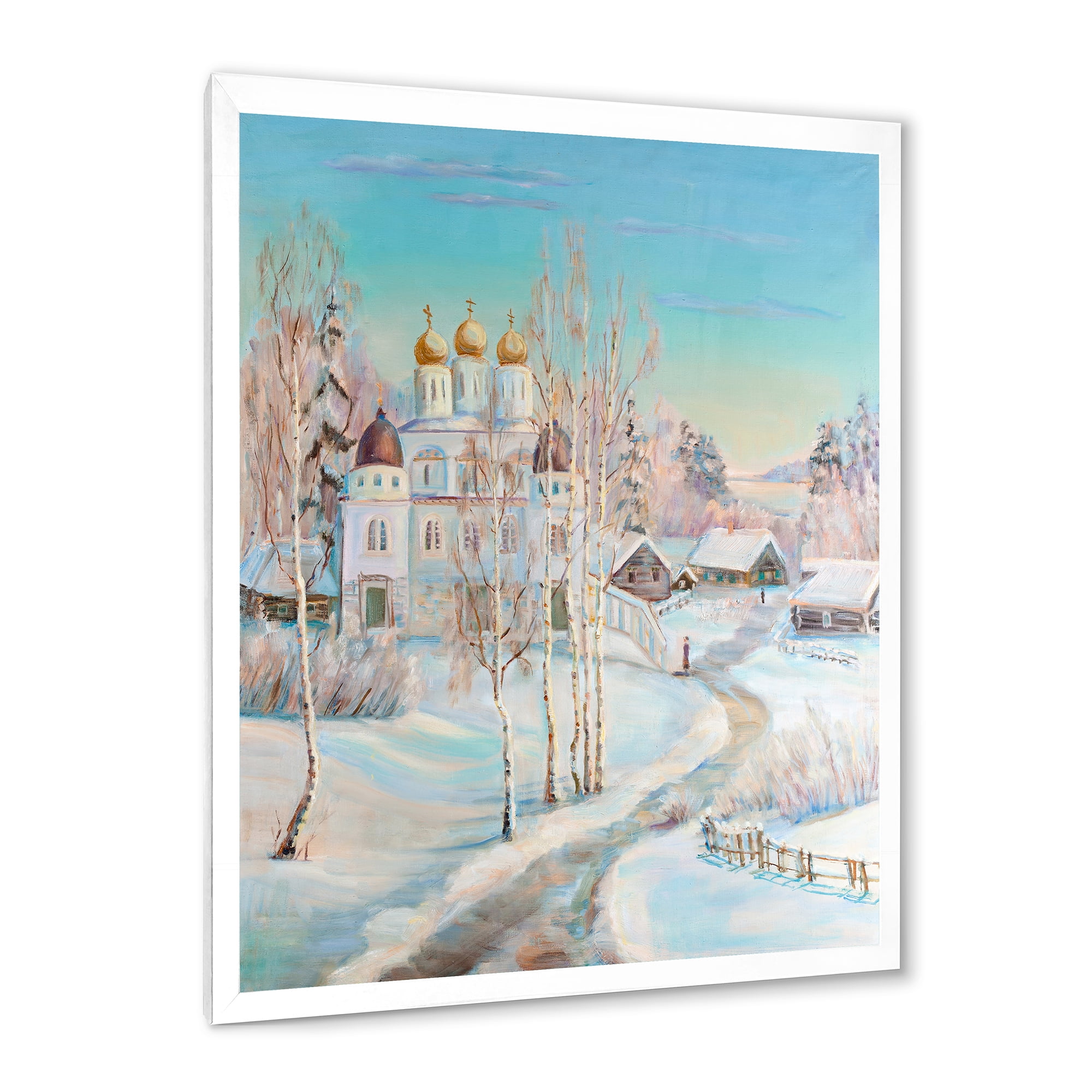 Designart 'Temple Over Country Road In Winter Landscape' Traditional Framed Art Print