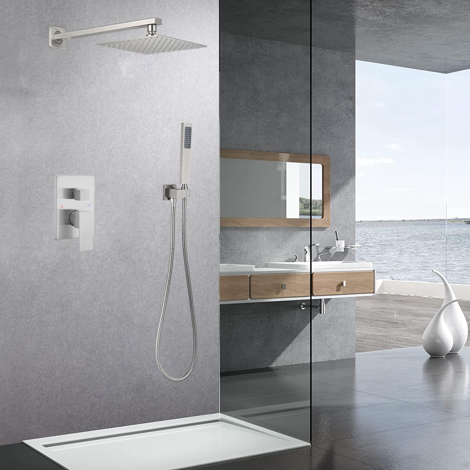 Matte Black Shower Faucet Set with Square Rain Shower Head, Single Function Trim Kit, Rough-in Valve Included, Extra Long Arm, Modern Bathroom Hardware