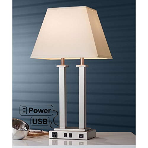 Amity Lampe de Table Contemporaine Moderne avec Style Hôtel USB & AC Sortie Brossé Nickel Blanc Lin Abat-Jour Décor pour Salon Chambre à Coucher Maison Chevet Nig