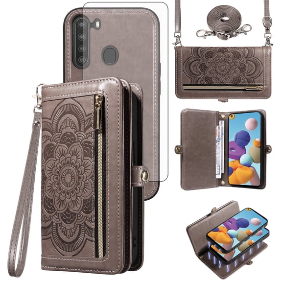 Asuwish Detachable Magnetic Zipper Wallet Phone Case with Flower Pattern and Screen Protector for Samsung Galaxy A21, Gray