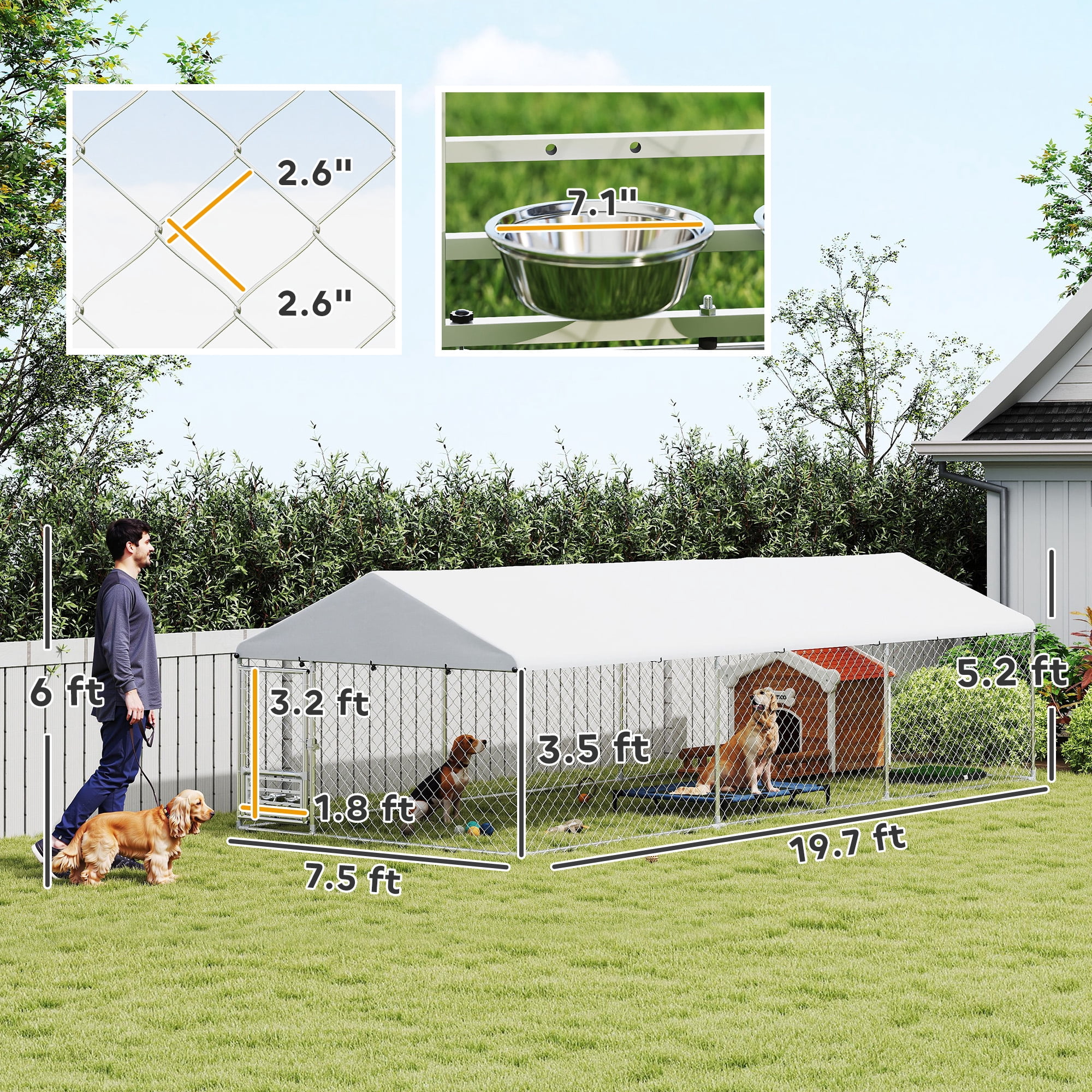 PawHut Outdoor Dog Kennel, Heavy Duty Dog Kennel Outside with Adjustable & Rotatable Bowl Rack, Waterproof Cover, Secure Lock, 19.7' x 7.5' x 5.2'