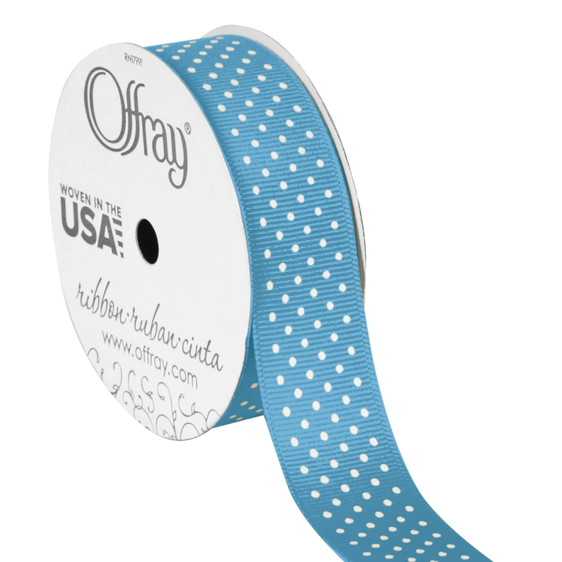 Offray Ribbon, Ocean Blue with Polka Dot 7/8 inch Grosgrain Polyester Ribbon, 9 feet