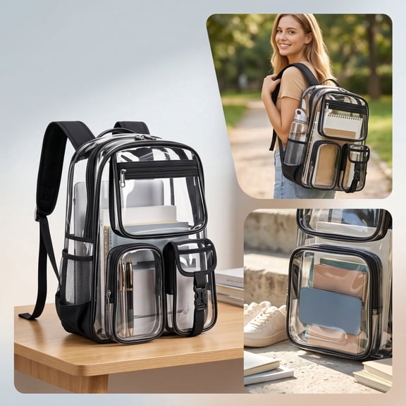 Transparent Backpack for Women Men, Clear PVC Bookbag Stadium Approved Heavy Duty School Bag with Reinforced Shoulder Straps - Spacious Travel Daypack for Students Teens Adults, Concert, Work, Black