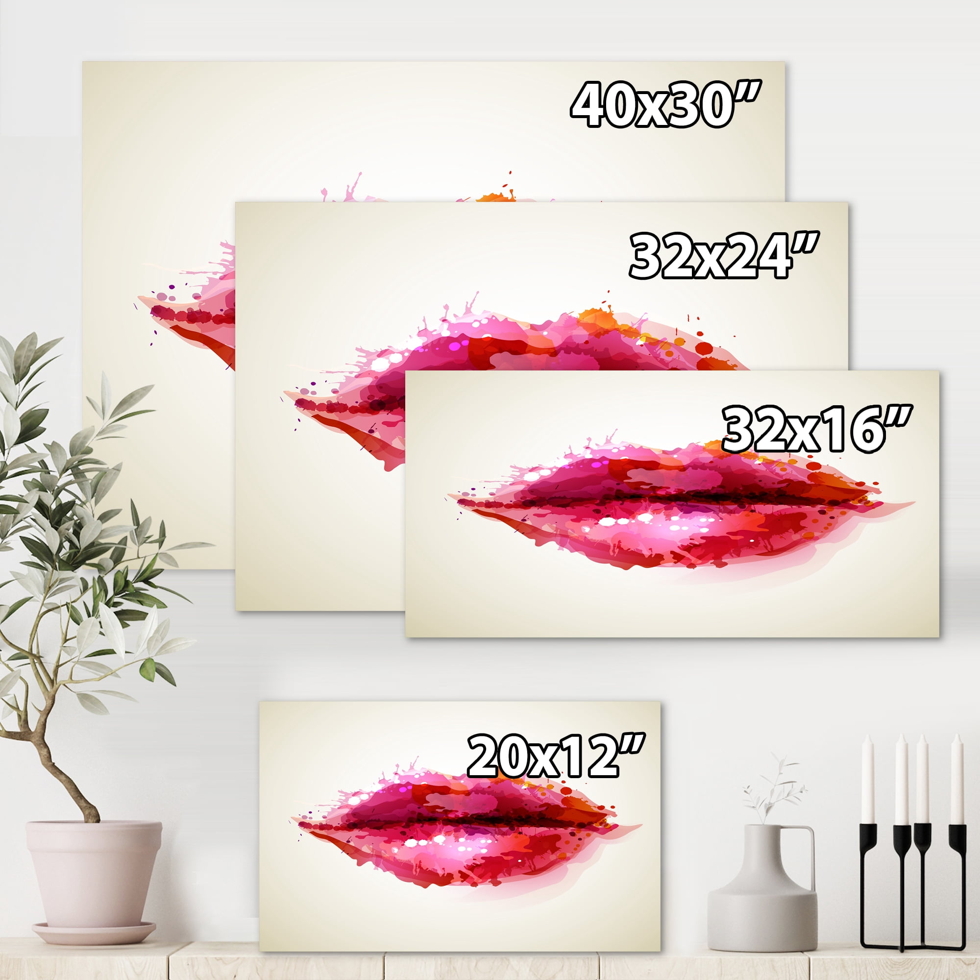 Designart ' Red Girl Lips Formed By Abstract Blots ' Modern Canvas Wall Art Print