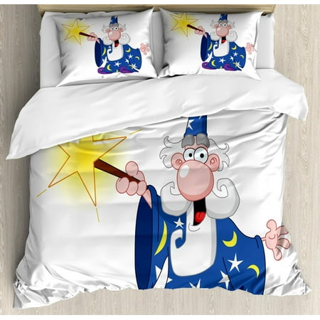 Wizard Duvet Cover Set Queen Size, Medieval Ancient Mage with a Crazy Face Expression Creating a Powerful Spell Clipart, Decorative 3 Piece Bedding Set with 2 Pillow Shams, Multicolor, by