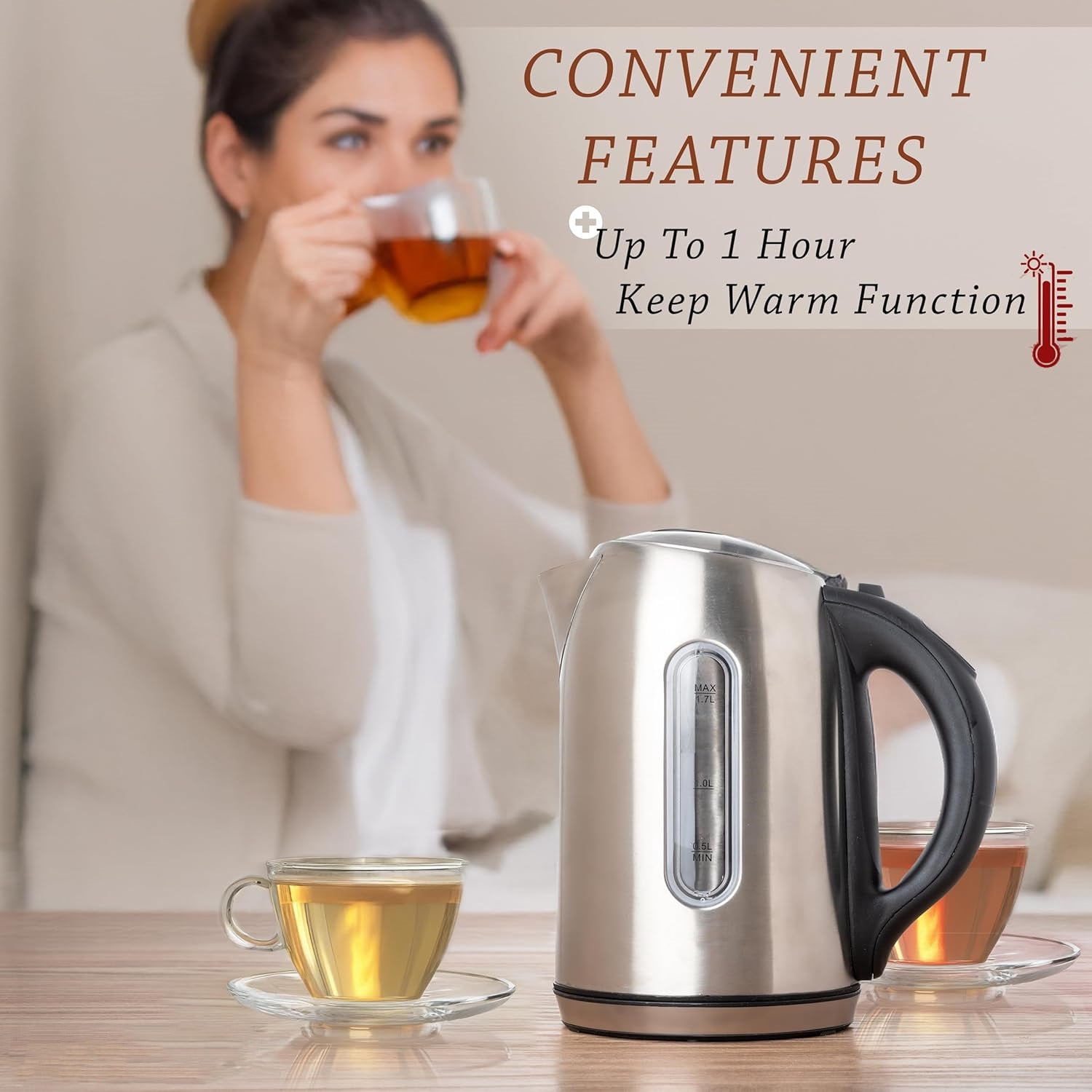 Stainless Steel Electric Kettle, Cordless 1.7L Electric Kettle Temperature Control,1500W Electric Tea Kettle with Viewing Window 2 Hr Keep Warm, Water Boiler with Auto-Off, Boil-Dry System