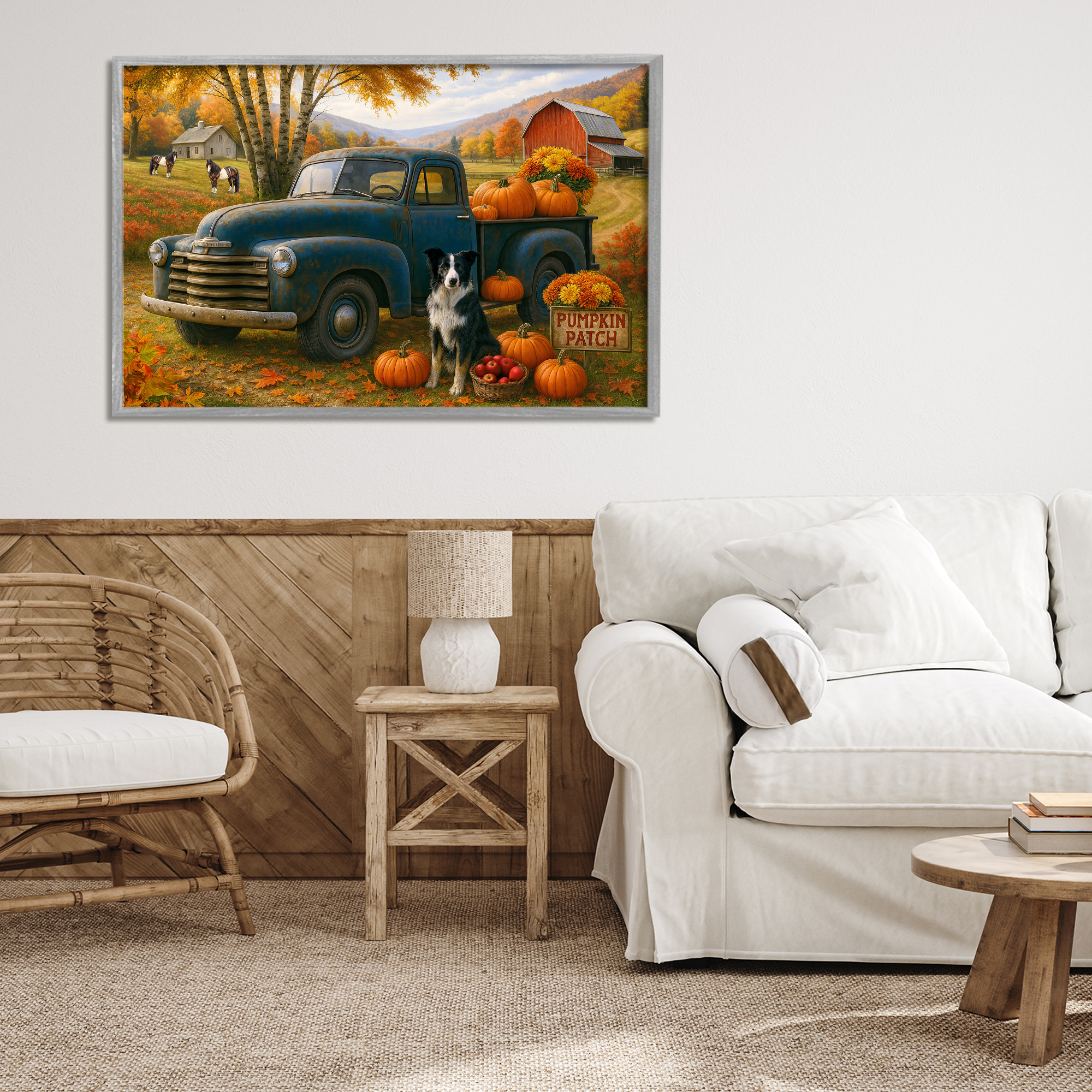 Autumnal Farmland Collie Dog Gray Framed Giclee Art, design by Tom Crehan