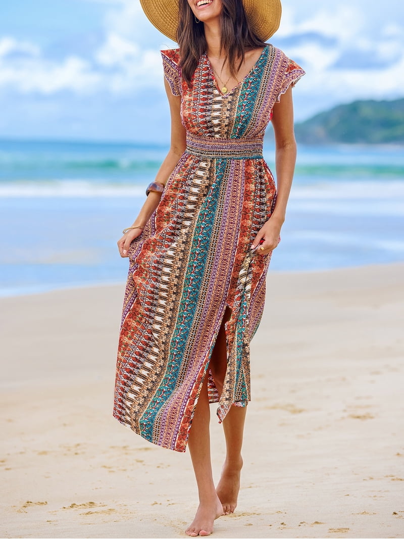boho maxi dress with slit Illusion V-neck Lace Casual High-Low Bridal Shower Dress