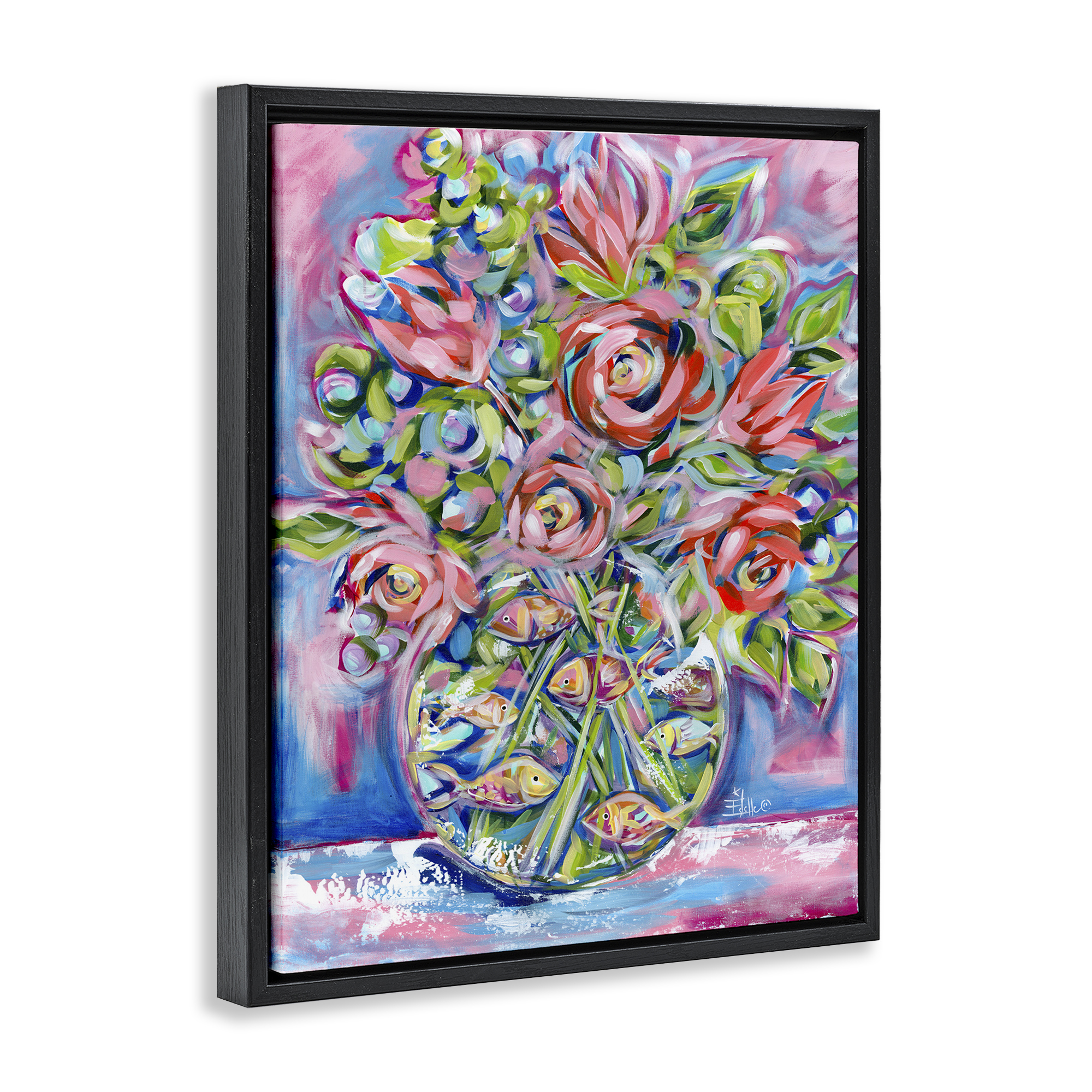 Stupell Industries Roses & Goldfish Vase Botanical & Floral Painting Black Floater Framed Art Print Wall Art, 17 x 21