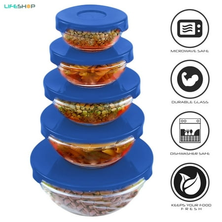 Glassware Bowls 5 Piece Glassware Bowls Set Heat Resistant Microwave Safe Durable Glass Keeps Food Fresh for 7 Days (Blue) ()