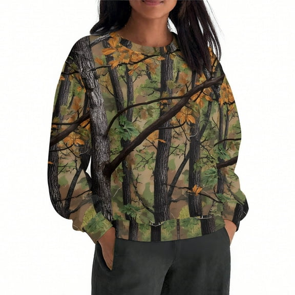 Lopecy-Sta Women's Fall Maple Leaf Camo Print Loose Long Sleeve Sweatshirt, Casual Crew Neck Pullover, Fashion Comfortable Autumn Top for Women Gray L
