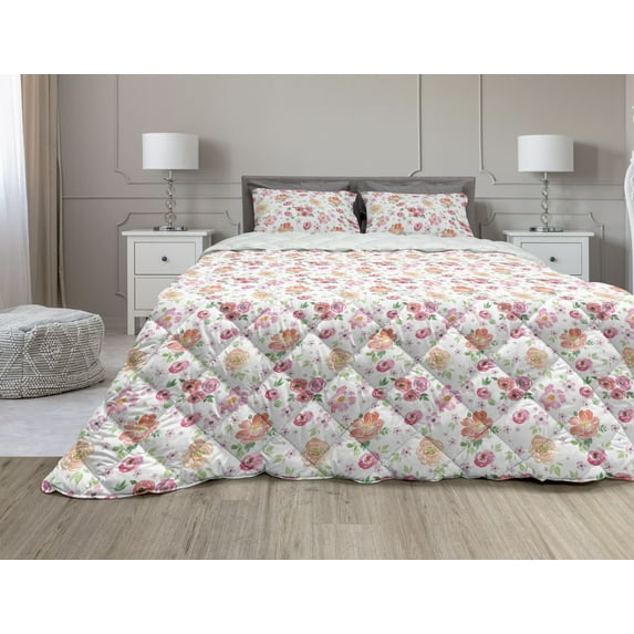 Pale Pink Comforter & Sham Bedding Set, Watercolor Style Rural Meadow Floral Pattern Inspired by Fresh Spring Nature, 3 pcs Duvet Set Microfiber Filling Quilt, 5 Sizes, Multicolor, by Ambesonne