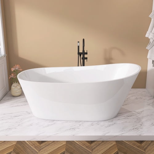 59" Acrylic Free Standing Tub - Classic Oval Shape Soaking Tub, Adjustable Freestanding Bathtub with Integrated Slotted Overflow and Chrome Pop-up Drain Anti-clogging Gloss White
