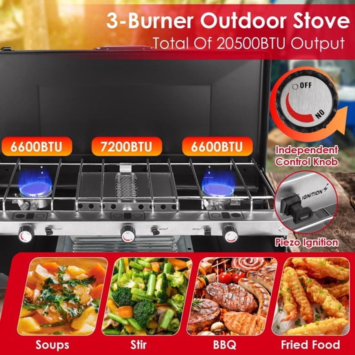 3-Burner Propane Camping Stove 20000 BTUs, Portable Camp Stove with 3 Adjustable Burners and Push-Button Instant Ignition, Portable Camping Grill, Built-in Carrying Handle