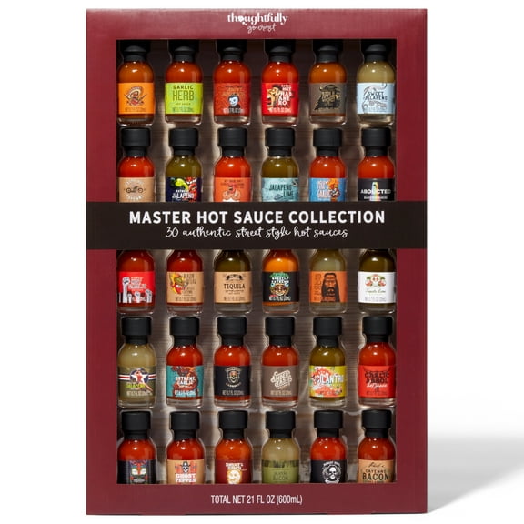 Thoughtfully Gifts, Flavors of the World Hot Sauce Sampler Gift Set, Inspired by International Hot Sauce Flavors, Set of 30