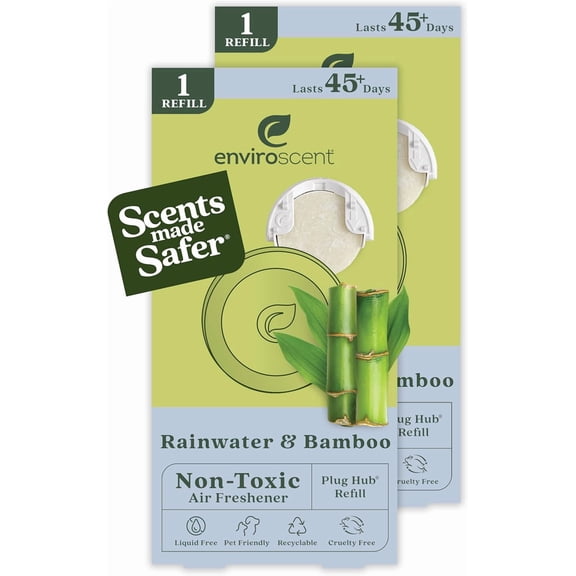 Non-Toxic Air Freshener Refills (Rainwater & Bamboo) Plug-in Air Freshener for Home | Essential Oil Plug In Refills | Home Fragrance Last Over 90 Days | 2 Liquid Less Scent Pod Refills