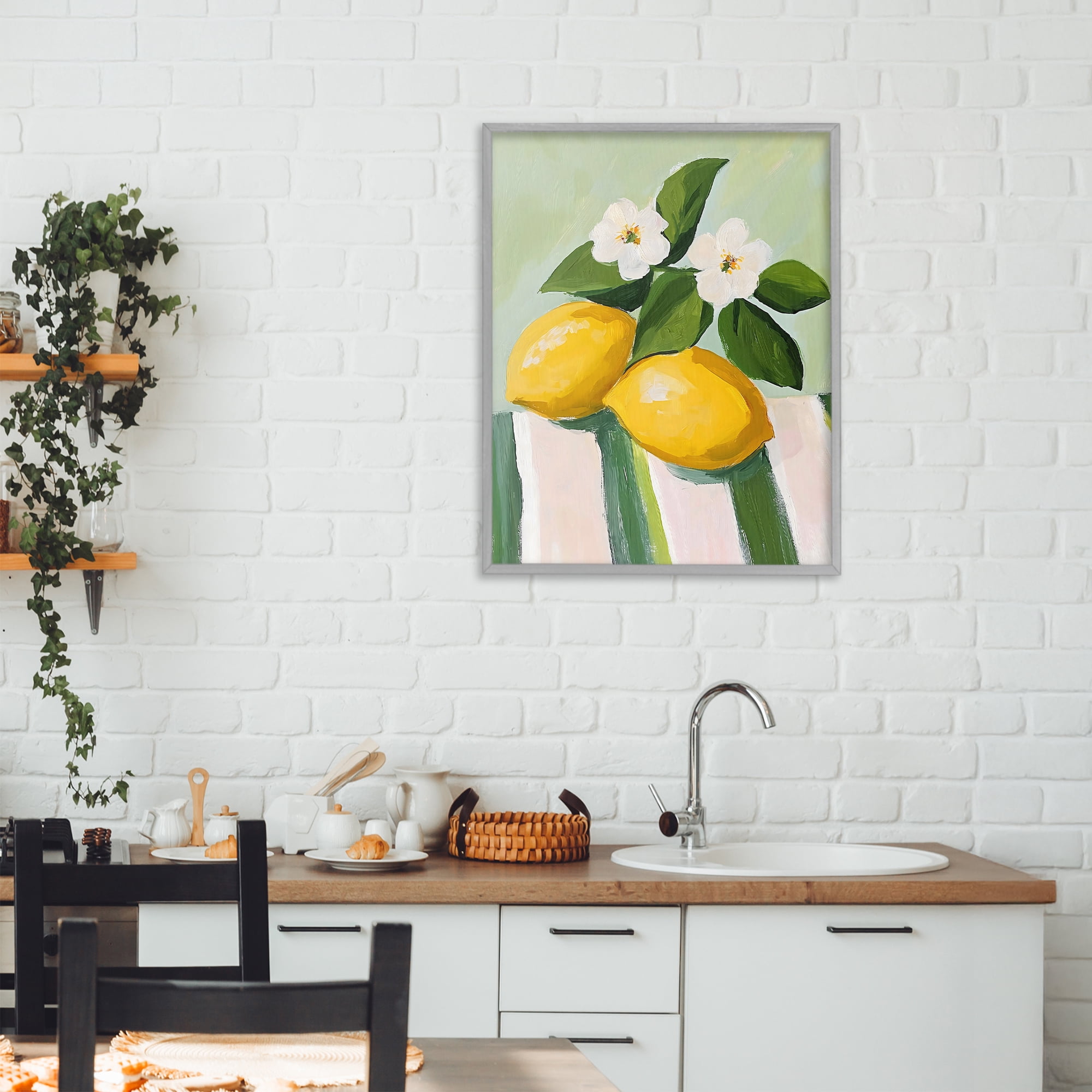 Stupell Industries Lemons And Daisies on Tablecloth Gray Framed Giclee Art, design by The Prints Vibe