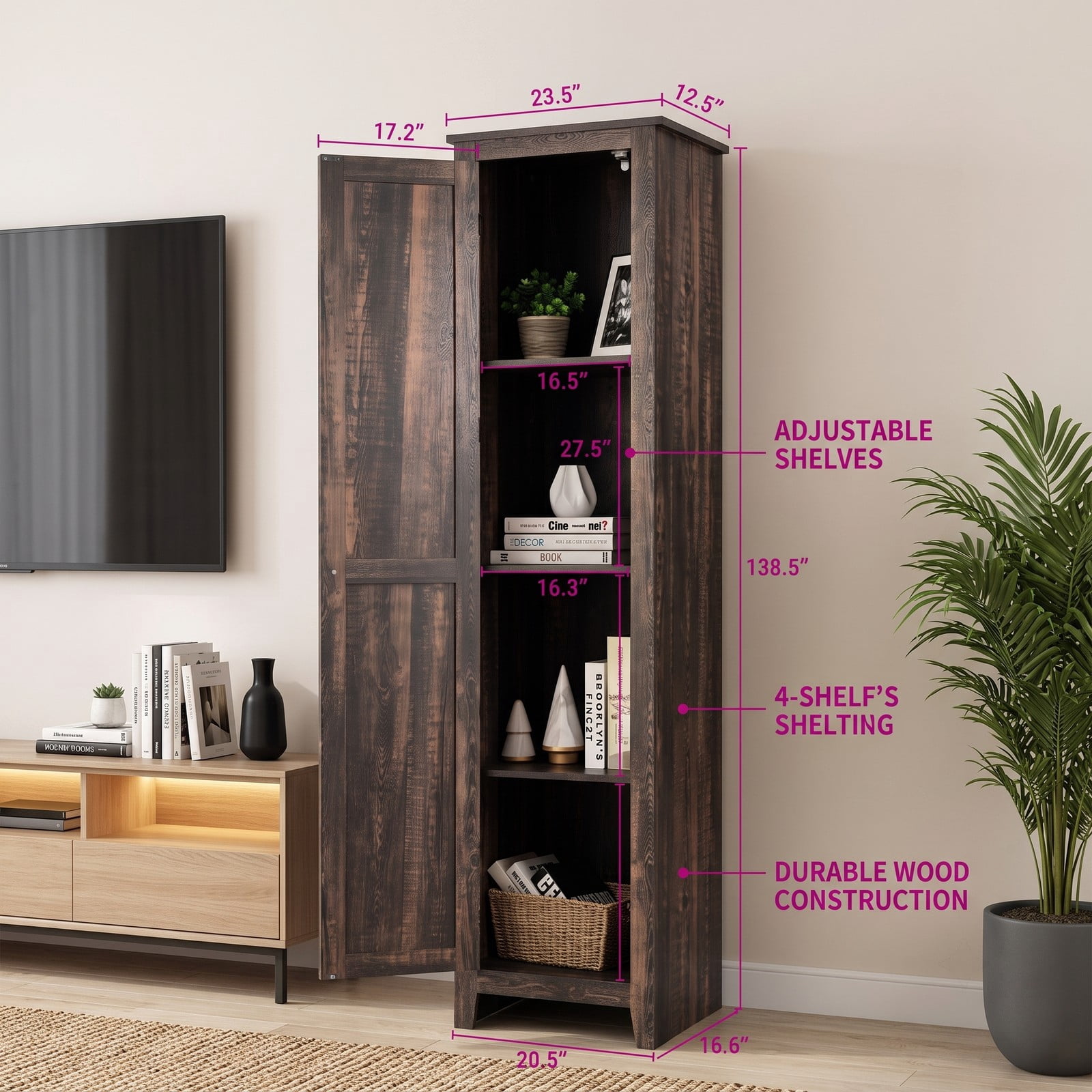 ALPULON Linen Tower Bathroom Storage Cabinet, Tall Slim Freestanding Floor Organizer with 4 Shelves and Enclosed Door, Narrow Anti-Tip Side Storage for, Walnut