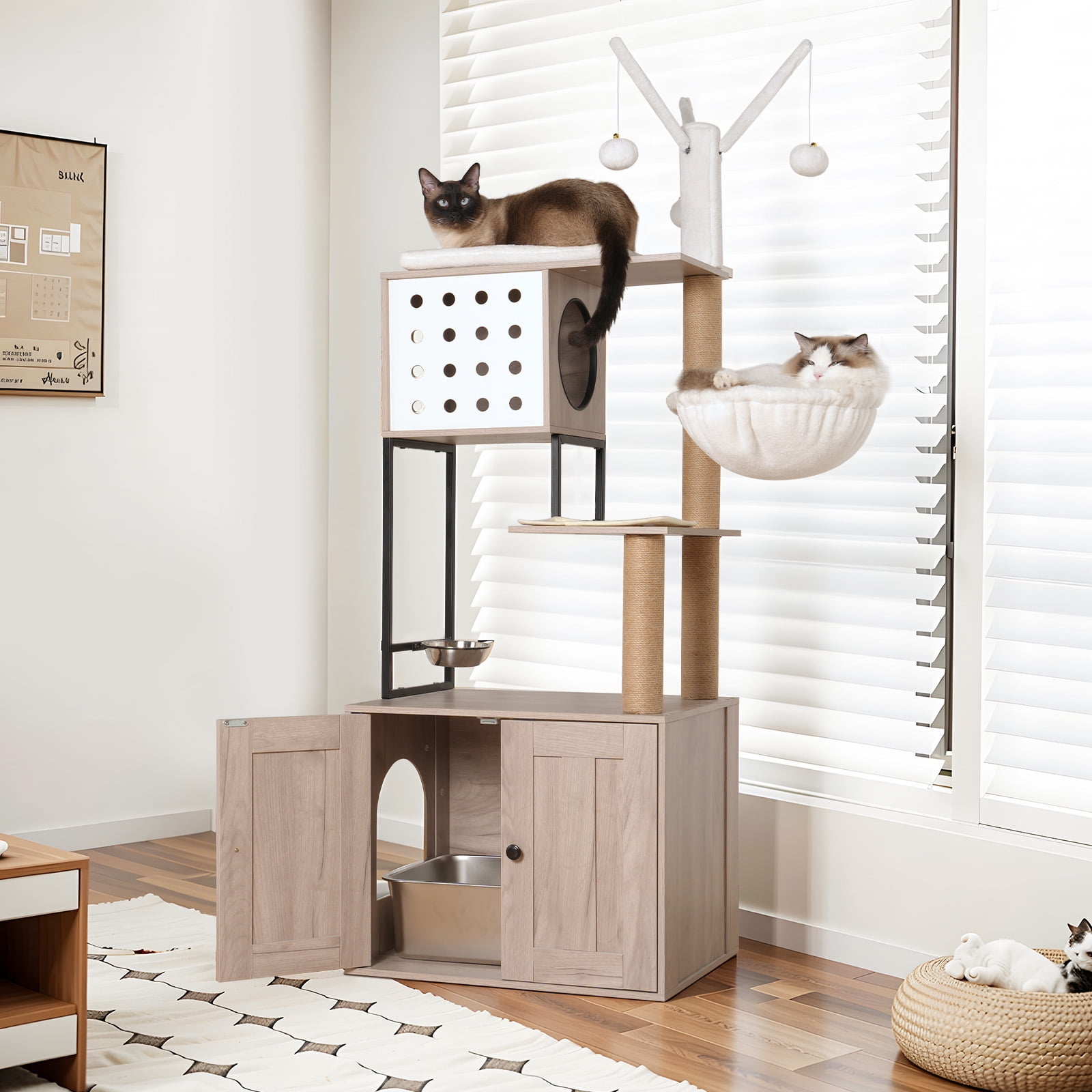 3-in-1 Cat Tree with Litter Box Enclosure, Modern Cat Condo with Sisal Scratching Posts, Stainless Steel Feeding Bowl and Removable Pompom Toy Sticks for Indoor Cats