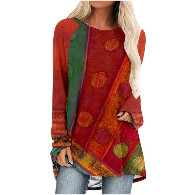 FAIWAD Tuniques Grande Taille pour Femmes Manches Longues Col Rond Style Ethnique Imprimé Confortable Pull Ample