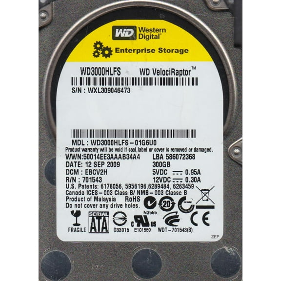 WD3000HLFS-01G6U0, DCM EBCV2H, Western Digital 300GB SATA 2.5 Hard Drive