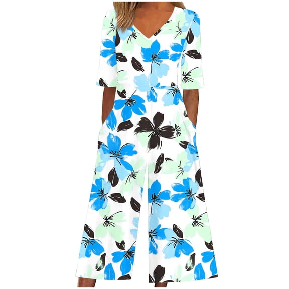 Idoravan Jumpsuit for Women One Piece Outfit Print Wide Leg Rompers Club Party Overalls Women Summer Floral Print Casual Short Sleeved V-Neck Back Zipper Side Pocket Jumpsuit Pants